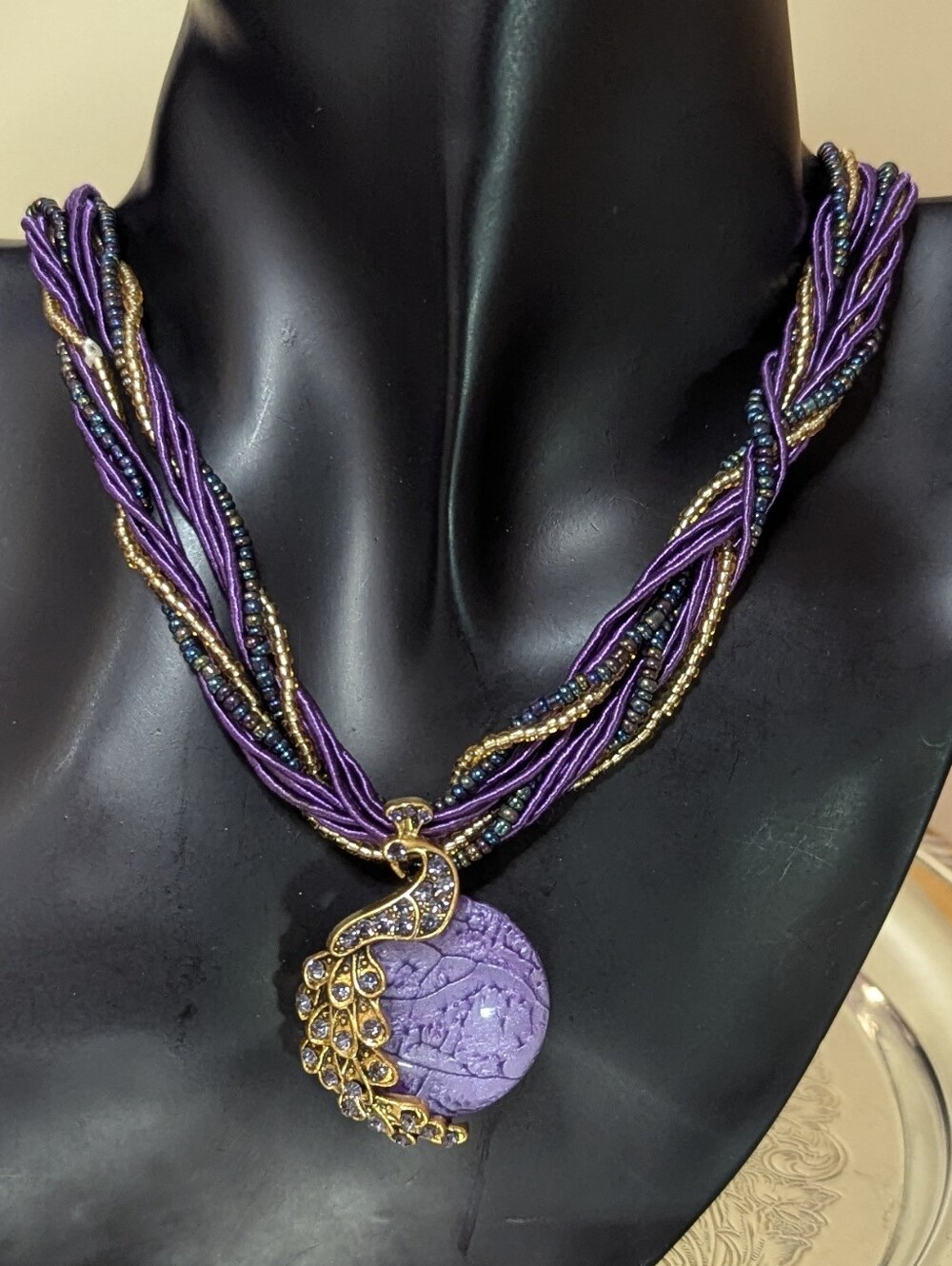 Royal Purple Peacock Asian Twisted Silk & Bead Multistrand Necklace + FREE GIFT